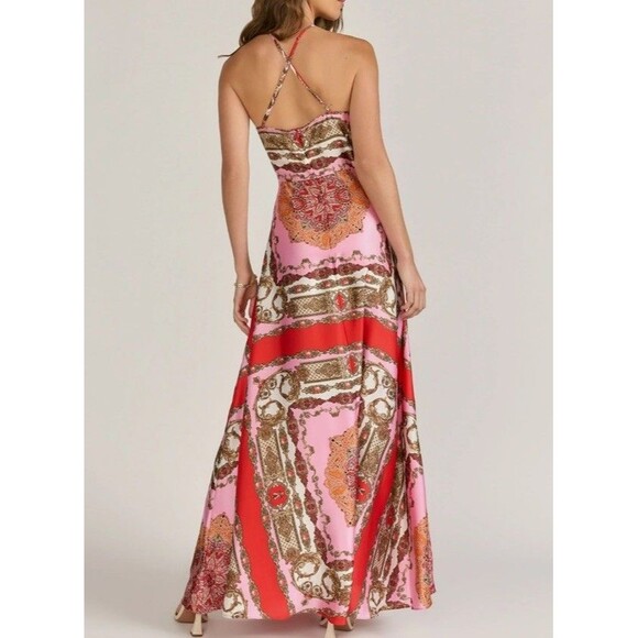 Aakaa Halter Maxi Full A-line Slip Dress Red Pink Paisley Print Women’s‎ Medium - Picture 2 of 14